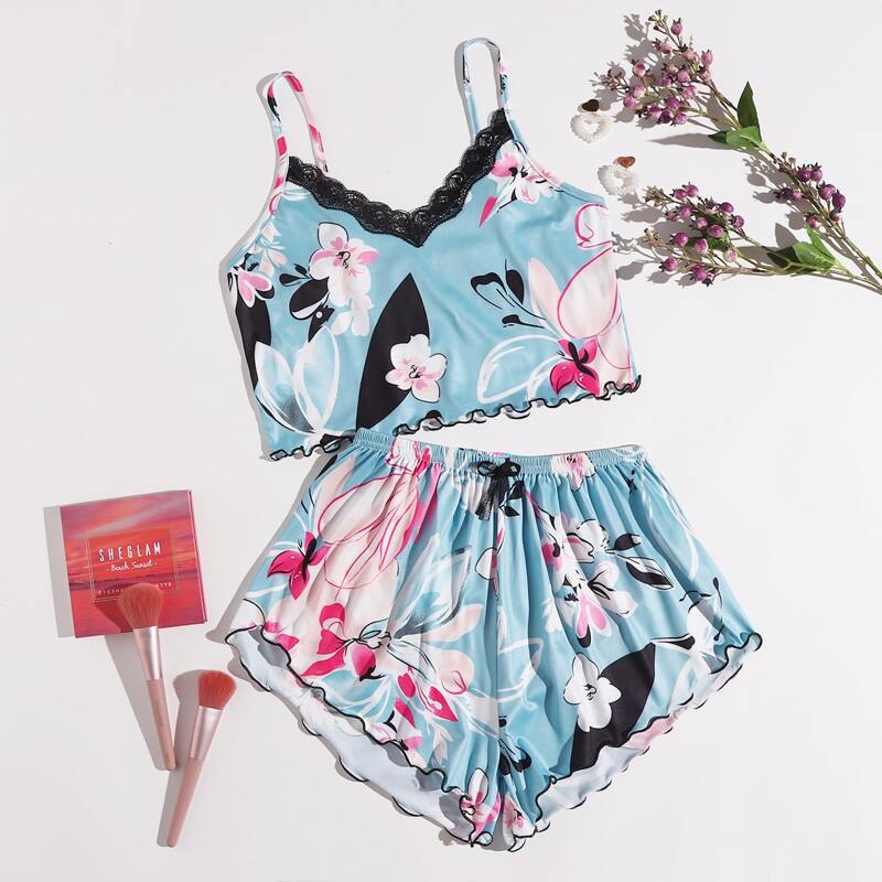 

Floral Lace Insert Lettuce Trim PJ Set, Multicolor
