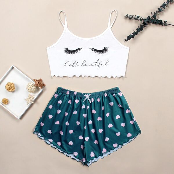 

Plus Heart And Letter Graphic Lettuce Trim Cami PJ Set, Blue and white