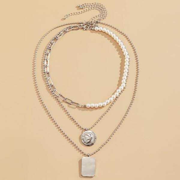 

3pcs Faux Pearl Decor Geometric Charm Necklace, Silver
