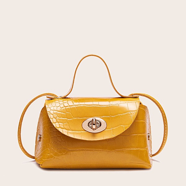 

Croc Embossed Twist Lock Satchel Bag, Yellow