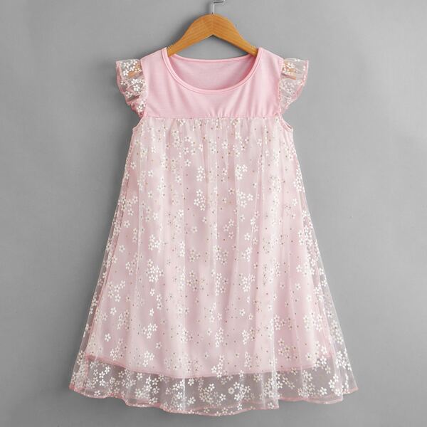 

Girls Ditsy Floral Mesh Overlay Babydoll Dress, Pink