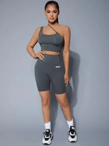 SHEIN SXY 單肩上衣和字母圖案機車短褲套裝 - 深灰色 - 查看 1