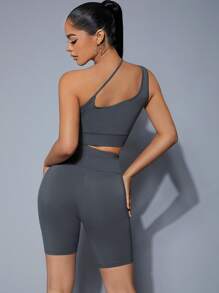 SHEIN SXY 單肩上衣和字母圖案機車短褲套裝 - 深灰色 - 查看 2