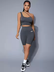 SHEIN SXY 單肩上衣和字母圖案機車短褲套裝 - 深灰色 - 查看 3
