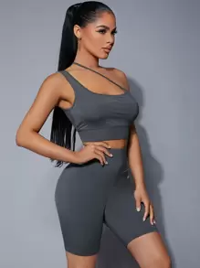 SHEIN SXY 單肩上衣和字母圖案機車短褲套裝 - 深灰色 - 查看 4