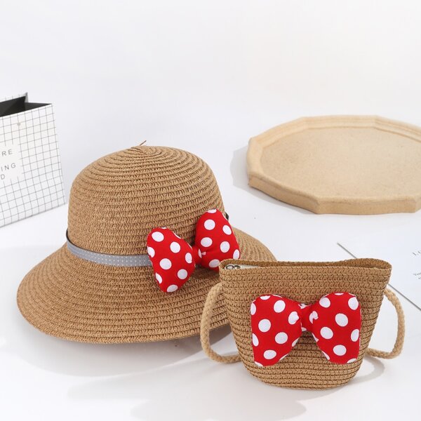 

Girls Bow Decor Straw Bag With Hat, Khaki