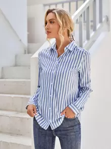 Aveloria Striped Button Up Blouse - Dusty Blue - View 3