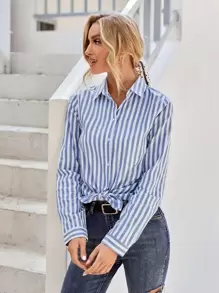 Aveloria Striped Button Up Blouse - Dusty Blue - View 4