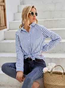 Aveloria Striped Button Up Blouse - Dusty Blue - View 5