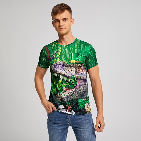 

Men Dinosaur Print Crew Neck Tee, Multicolor