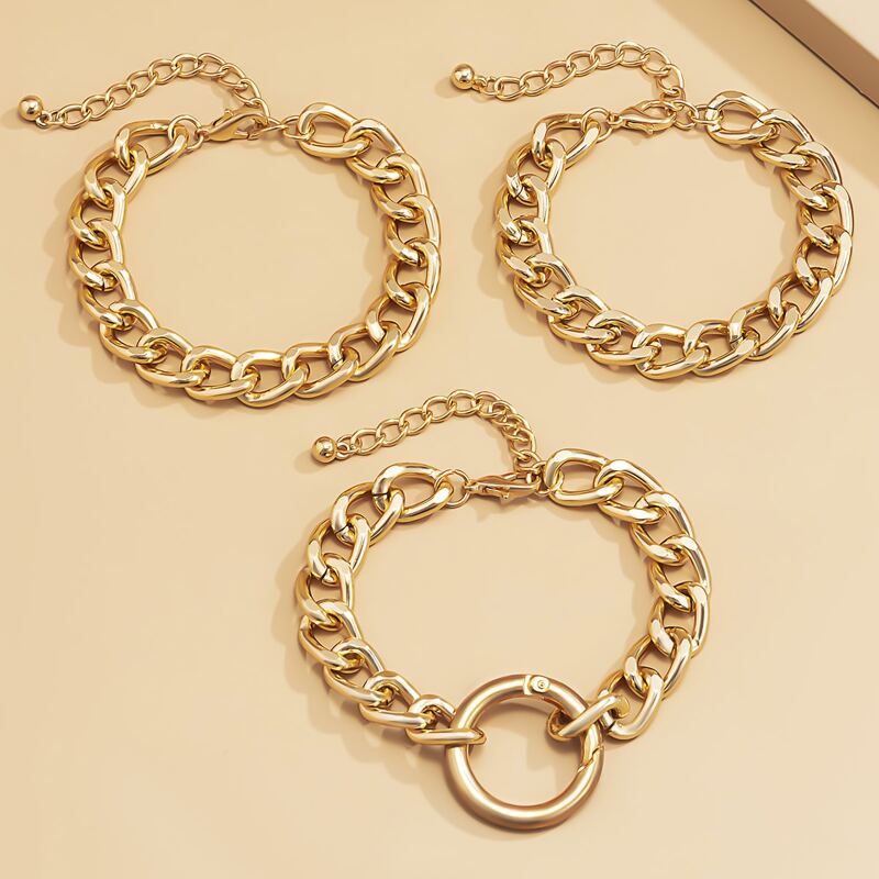 

3pcs Ring Chunky Chain Bracelet, Gold