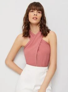 SHEIN Cross Wrap Solid Halter Top - Dusty Pink - View 1