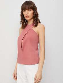 SHEIN Cross Wrap Solid Halter Top - Dusty Pink - View 3