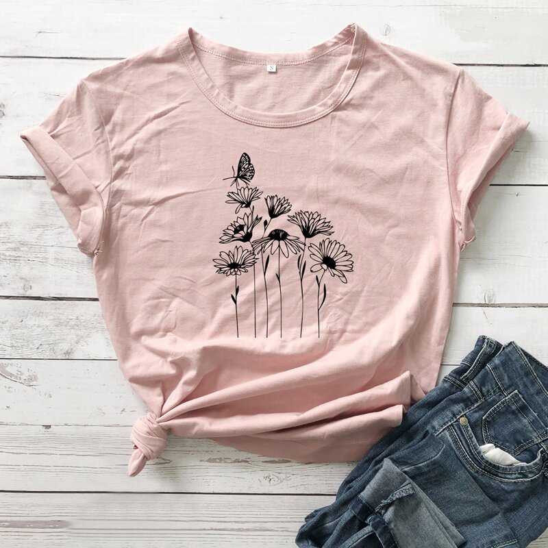 

Butterfly & Flower Pattern Tee, Dusty pink