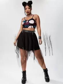 PUNK Váy Plus Size Tương phản Mesh màu trơn Giải trí - màu đen - Xem 3