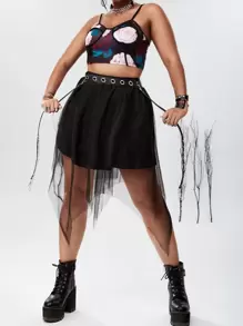 PUNK Váy Plus Size Tương phản Mesh màu trơn Giải trí - màu đen - Xem 4
