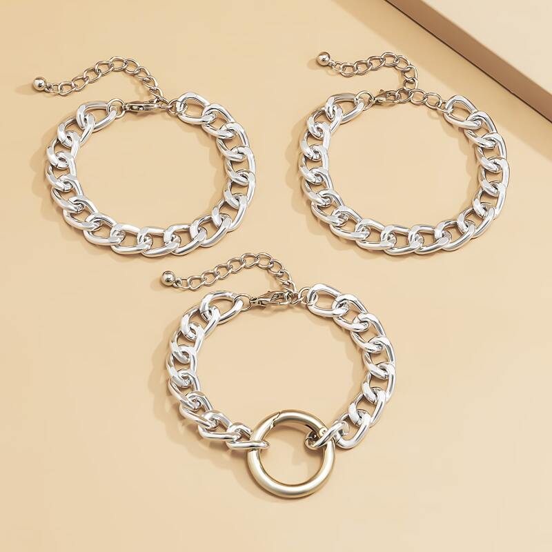 

3pcs Ring Chunky Chain Bracelet, Silver