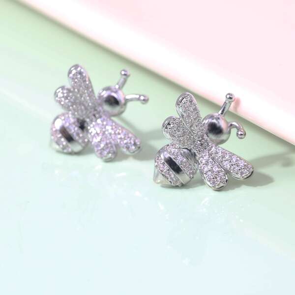 

Zircon Bee Decor Stud Earrings, Antique silver