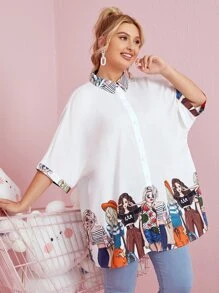 Mulvari Plus Batwing Sleeve Figure Graphic Blouse - Multicolor - View 2
