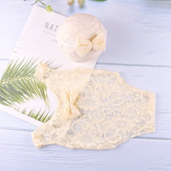 

Newborn Girl Lace Bow Photography Prop With Headband, Khaki