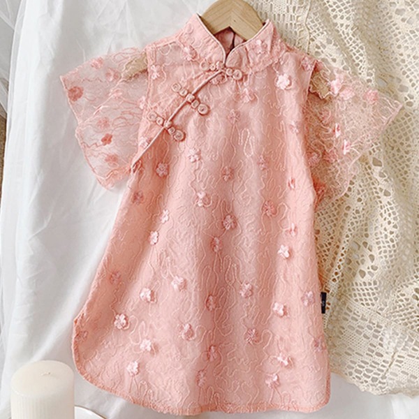 

Toddler Girls Mandarin Collar Floral Embroidery Dress, Coral pink