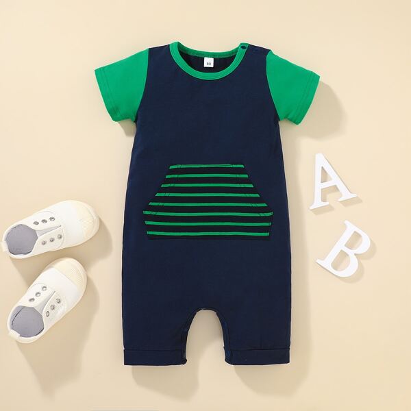 

Baby Boy Striped Kangaroo Pocket Front Romper, Navy blue