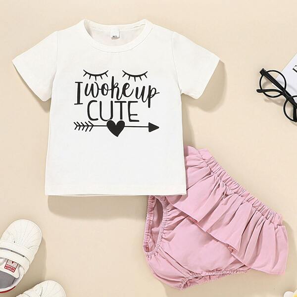 

Baby Girl Heart And Slogan Graphic Tee & Ruffle Shorts, Multicolor