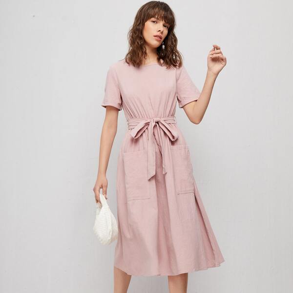 

Button Back Patch Pocket Belted Dress, Dusty pink