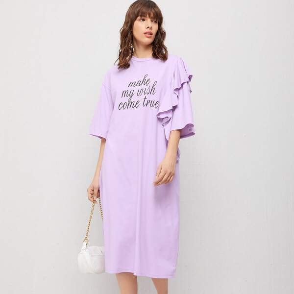 

Slogan Graphic Ruffle Trim Dress, Lilac purple