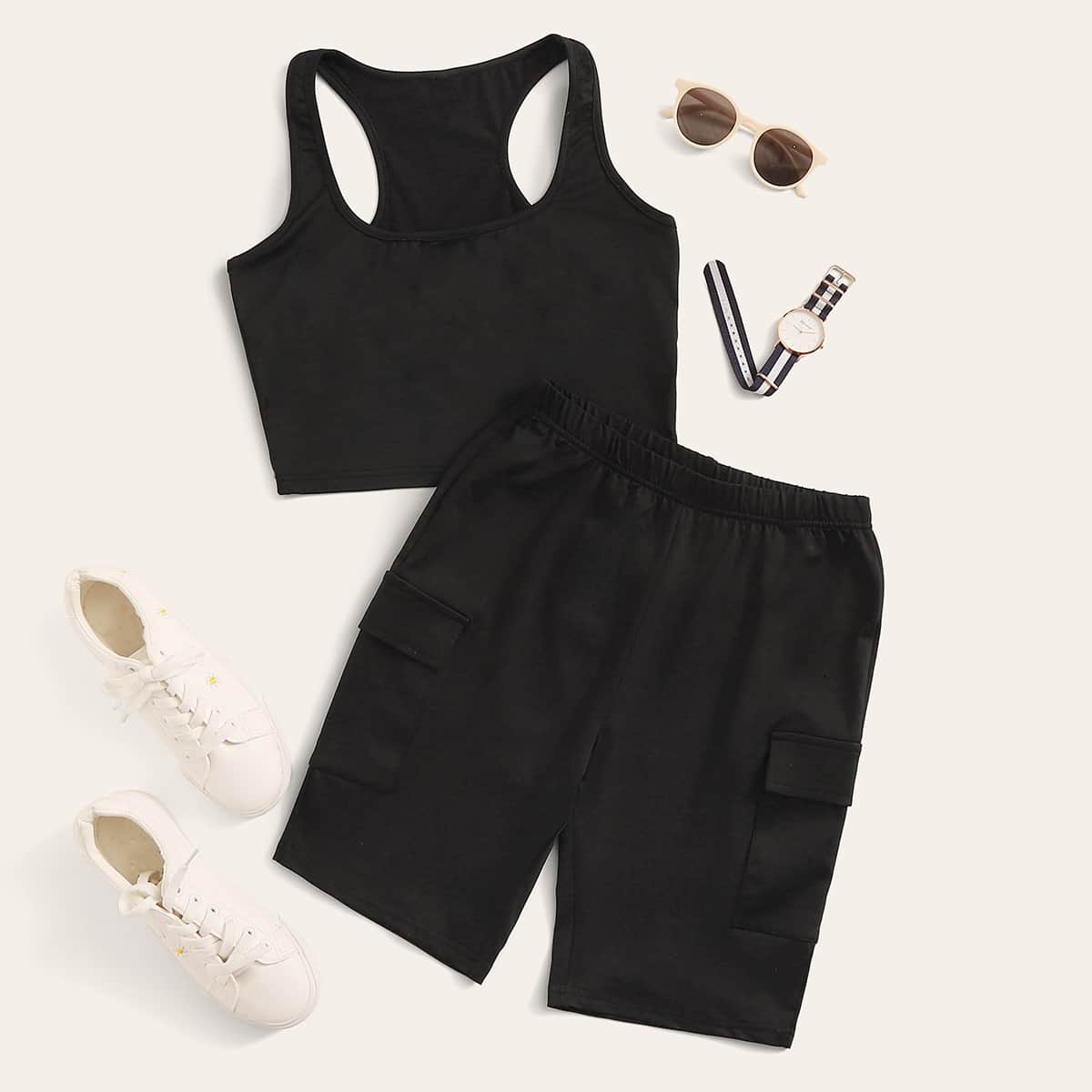 

Solid Tank Top & Cargo Shorts, Black