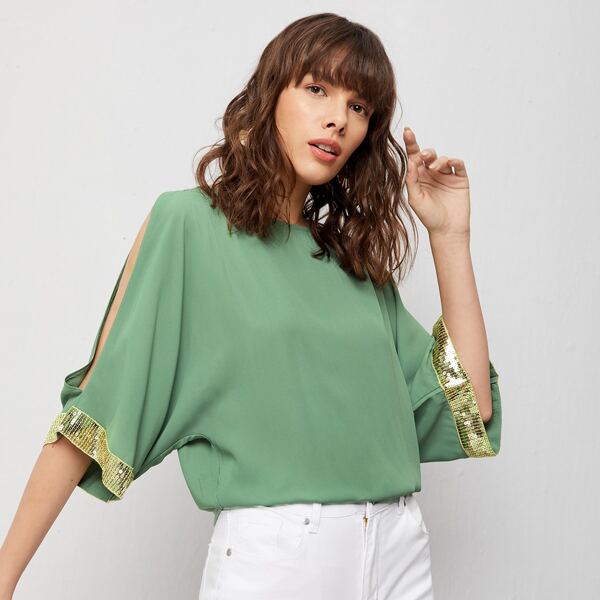 

Блуза С Рукавом Летучая Мышь С Разрезами И Блестящей Отделкой, Мятно-зеленый