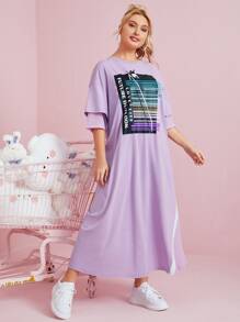 SHEIN Plus Striped & Letter Graphic Tee Dress - Lilac Purple - View 1