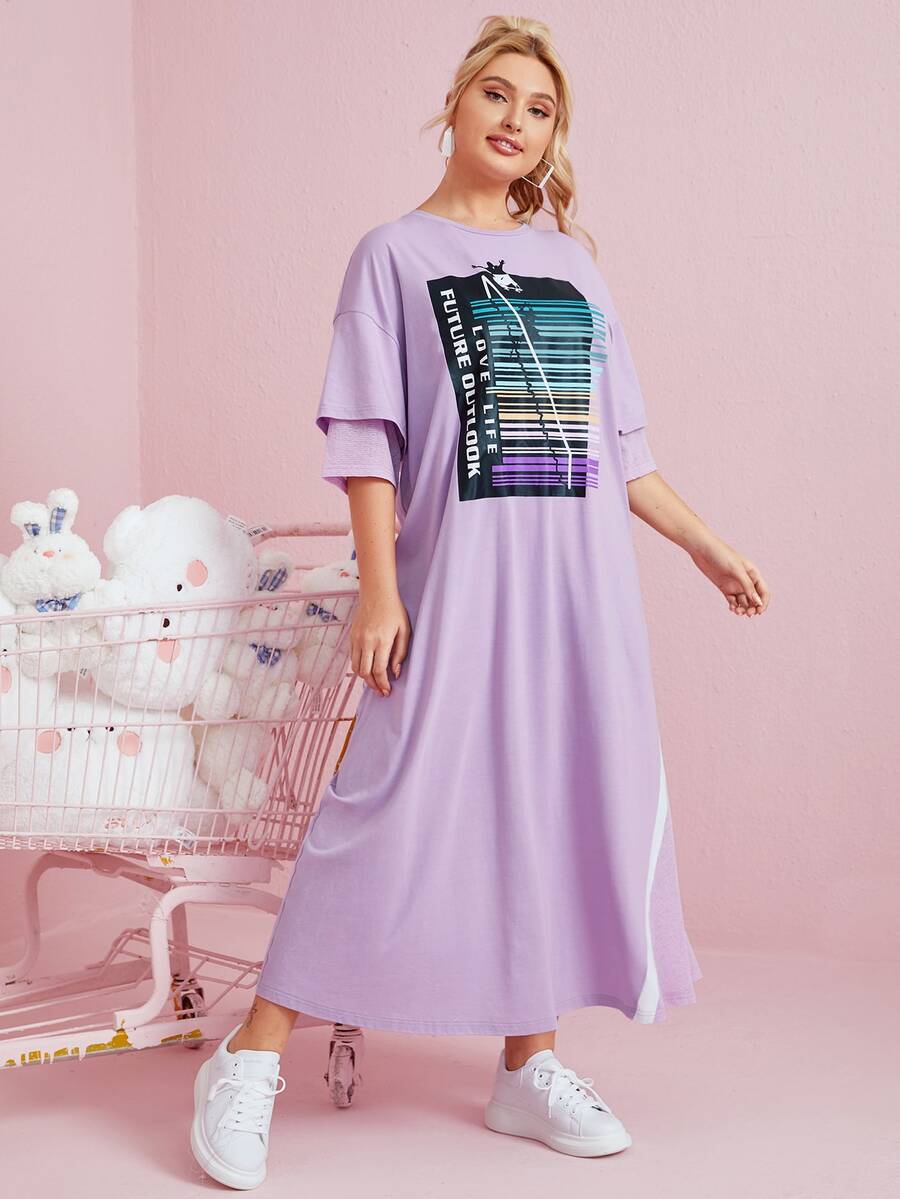 SHEIN Plus Striped & Letter Graphic Tee Dress - Lilac Purple - View 1