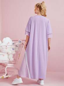 SHEIN Plus Striped & Letter Graphic Tee Dress - Lilac Purple - View 2