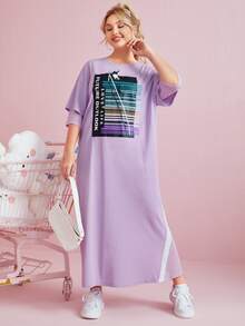 SHEIN Plus Striped & Letter Graphic Tee Dress - Lilac Purple - View 3