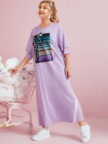 SHEIN Plus Striped & Letter Graphic Tee Dress - Lilac Purple - View 4