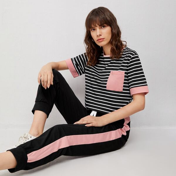 

Striped Trim Pocket Front Striped Top & Sweatpants Set, Multicolor