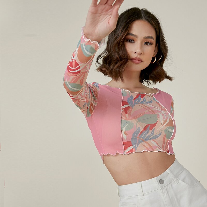 

Leaf Print Colorblock Lettuce-Edge Crop Top, Multicolor