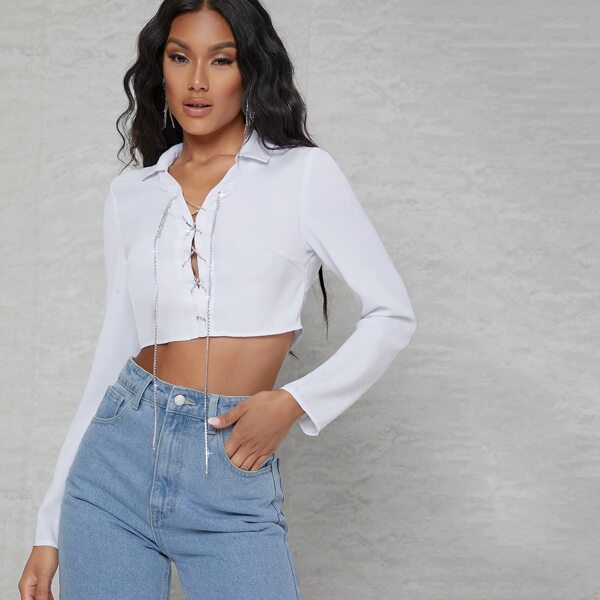

Rhinestone Chain Lace-Up Collared Crop Top, White