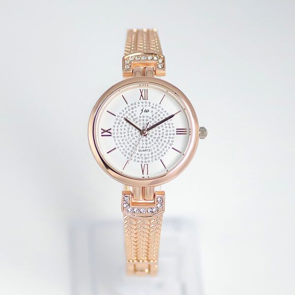 

Rhinestone Decor Round Pointer Quartz Watch