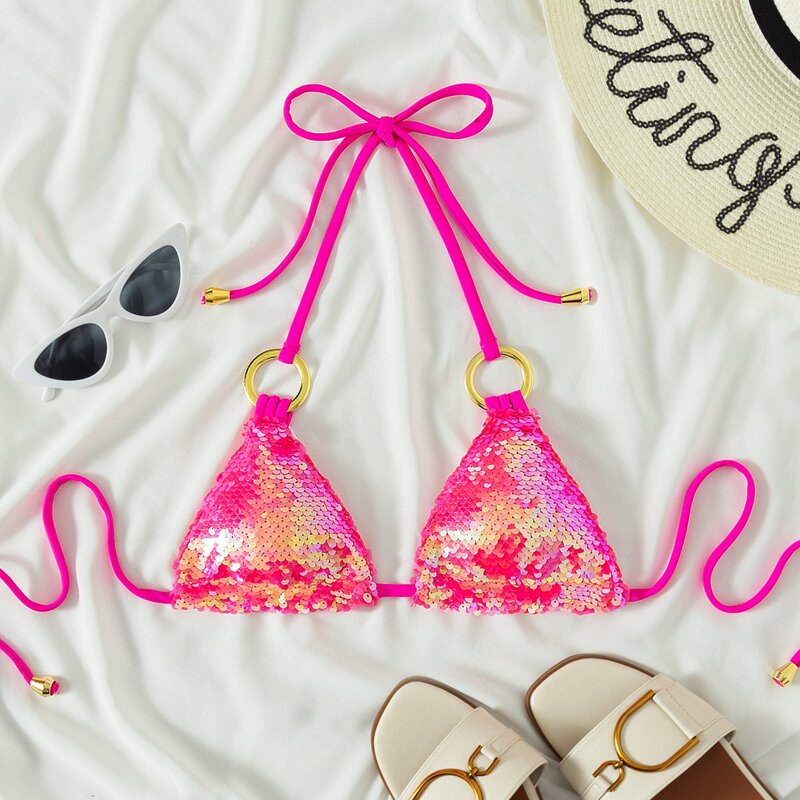

Sequin Decor Ring Linked Halter Bikini Top, Pink