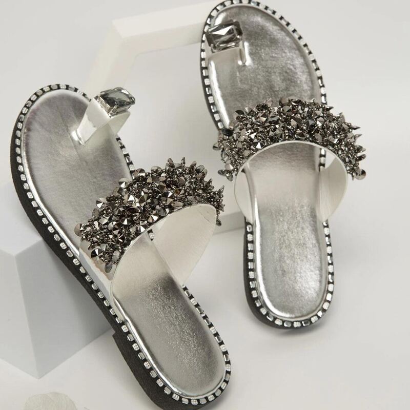 

Rhinestone Toe Ring Slide Sandals, Silver