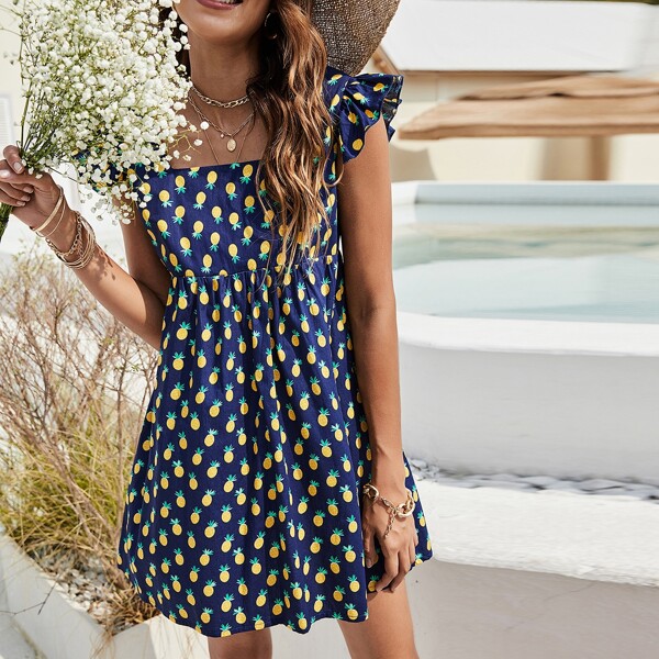 

All Over Pineapple Print Ruffle Trim Smock Dress, Navy blue