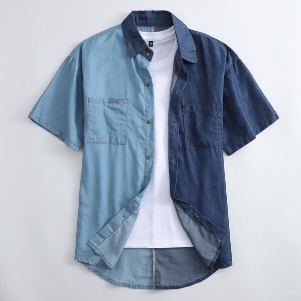 

Men Dual Pockets Spliced Denim Shirt Without Tee, Medium wash