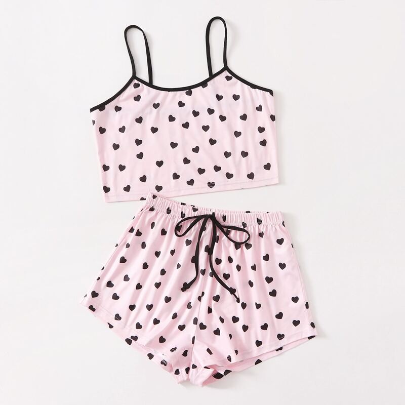 

Heart Print Ringer Pajama Set, Baby pink
