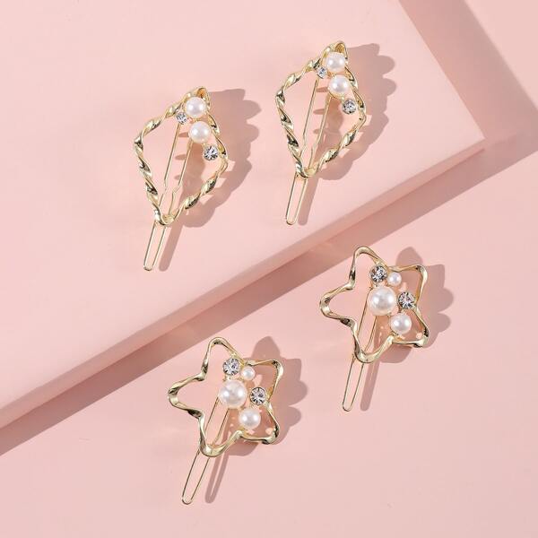 

4pcs Girls Star & Geometric Decor Hair Clip, Gold