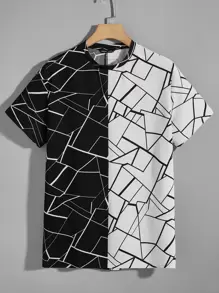 GENTILAND Men Geo Print Spliced Tee - Black and White - View 1