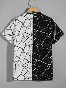 GENTILAND Men Geo Print Spliced Tee - Black and White - View 2