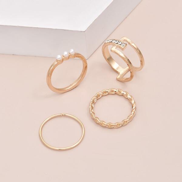 

4pcs Rhinestone Detail Ring, Gold