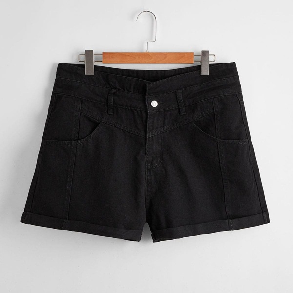 

Plus Solid Button Fly Denim Shorts, Black